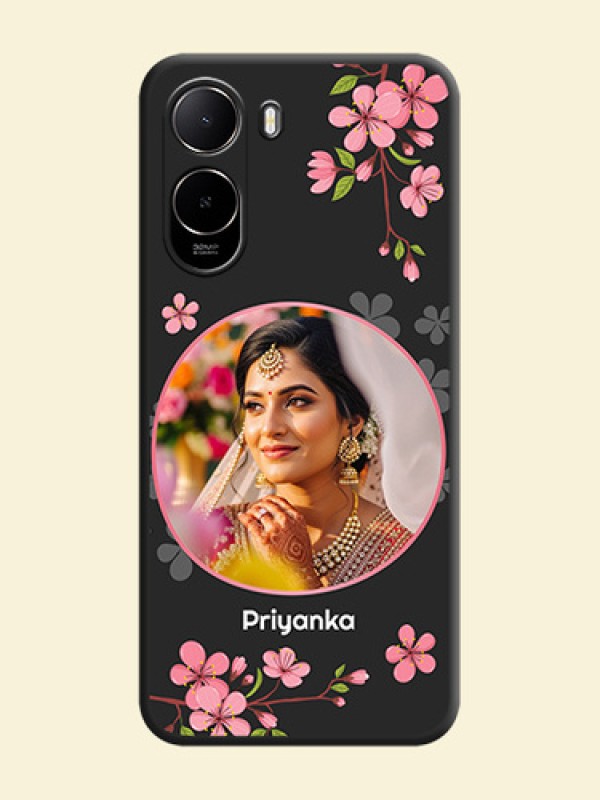Round Image with Pink Color Floral Design on Photo On Space Black Custom Soft Matte Mobile Back Cover - Poco C81