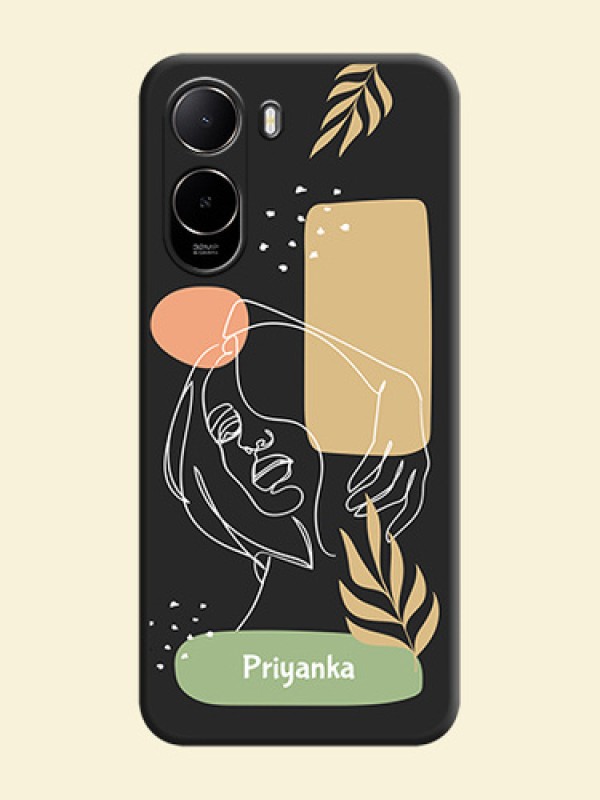Custom Text With Line Art Of Women & Leaves Design On Space Black Custom Soft Matte Mobile Back Cover - Poco C81