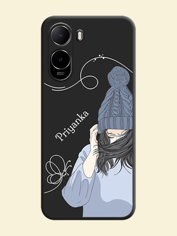Girl With Blue Winter Outfiit Custom Text Design On Space Black Custom Soft Matte Mobile Back Cover - Poco C81