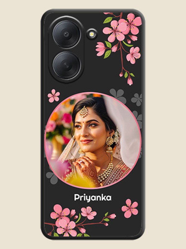 Round Image with Pink Color Floral Design on Photo On Space Black Custom Soft Matte Mobile Back Cover - Poco C81x
