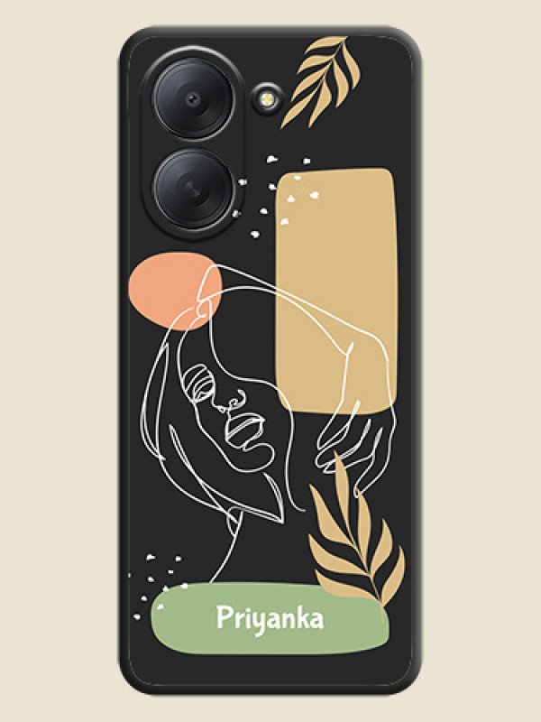 Custom Text With Line Art Of Women & Leaves Design On Space Black Custom Soft Matte Mobile Back Cover - Poco C81x