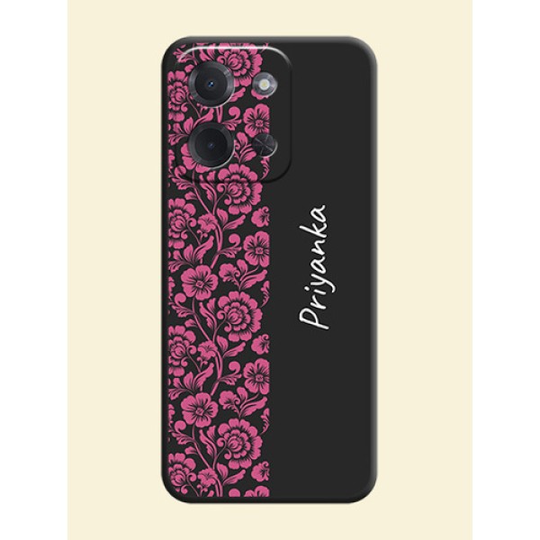 Pink Floral Pattern Design With Custom Text On Space Black Custom Soft Matte Mobile Back Cover - Poco C85 5G Pink Floral Pattern Design With Custom Text On Space Black Custom Soft Matte Mobile Back Cover - Poco C85 5G
