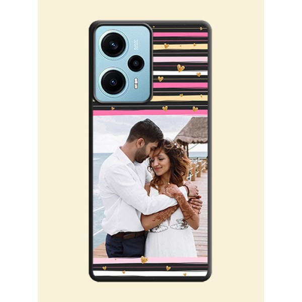 Multicolor Lines and Golden Love Symbols Design on Photo On Space Black Custom Soft Matte Mobile Back Cover - Poco F5