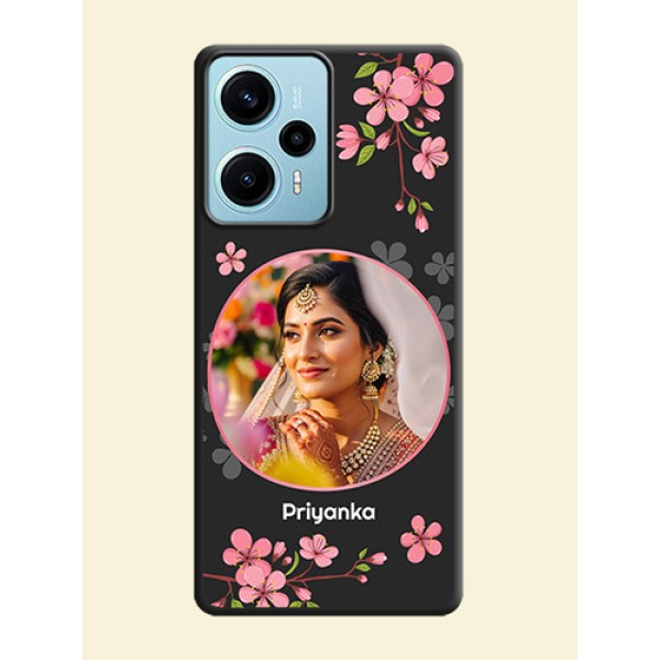 Round Image with Pink Color Floral Design on Photo On Space Black Custom Soft Matte Mobile Back Cover - Poco F5 Round Image with Pink Color Floral Design on Photo On Space Black Custom Soft Matte Mobile Back Cover - Poco F5
