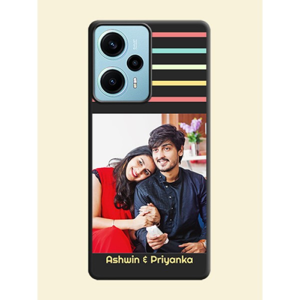Color Stripes with Photo and Text on Photo On Space Black Custom Soft Matte Mobile Back Cover - Poco F5 Color Stripes with Photo and Text on Photo On Space Black Custom Soft Matte Mobile Back Cover - Poco F5