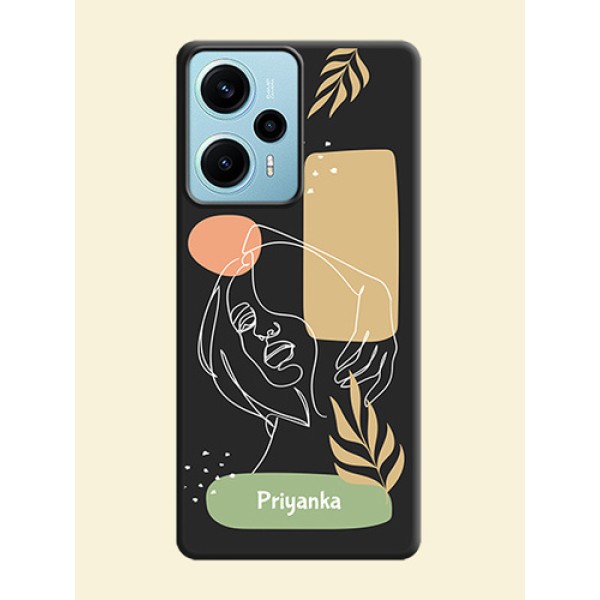 Custom Text With Line Art Of Women & Leaves Design On Space Black Custom Soft Matte Mobile Back Cover - Poco F5