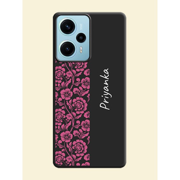 Pink Floral Pattern Design With Custom Text On Space Black Custom Soft Matte Mobile Back Cover - Poco F5 Pink Floral Pattern Design With Custom Text On Space Black Custom Soft Matte Mobile Back Cover - Poco F5