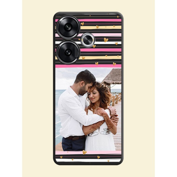 Multicolor Lines and Golden Love Symbols Design on Photo On Space Black Custom Soft Matte Mobile Back Cover - Poco F6 5G Multicolor Lines and Golden Love Symbols Design on Photo On Space Black Custom Soft Matte Mobile Back Cover - Poco F6 5G