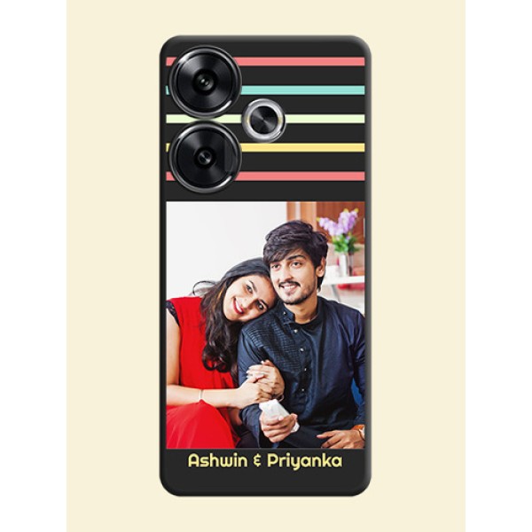 Color Stripes with Photo and Text on Photo On Space Black Custom Soft Matte Mobile Back Cover - Poco F6 5G Color Stripes with Photo and Text on Photo On Space Black Custom Soft Matte Mobile Back Cover - Poco F6 5G