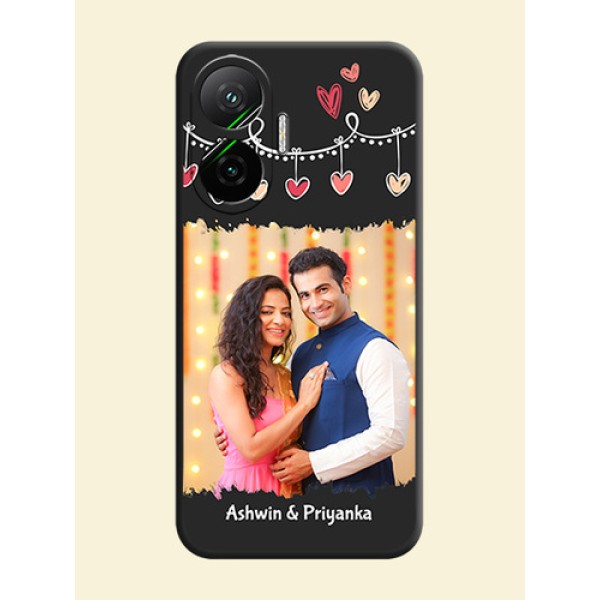 Pink Love Hangings with Name On Space Black Custom Soft Matte Mobile Back Cover - Poco F7 5G