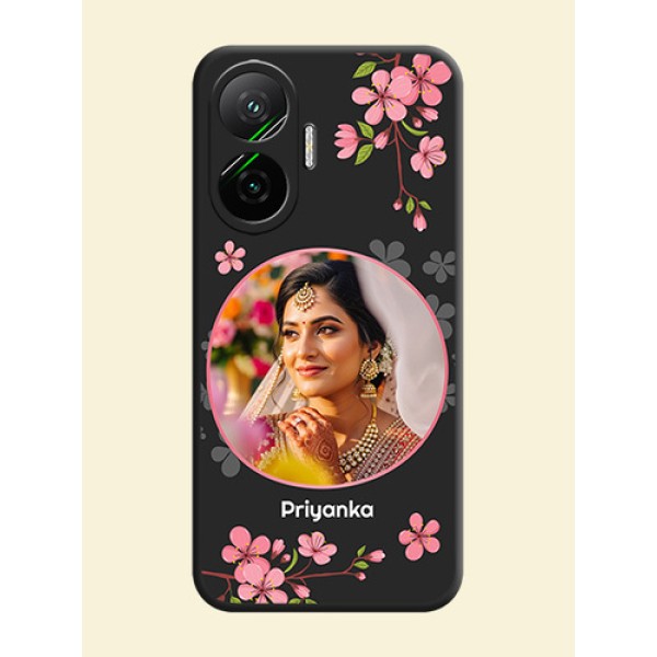 Round Image with Pink Color Floral Design on Photo On Space Black Custom Soft Matte Mobile Back Cover - Poco F7 5G Round Image with Pink Color Floral Design on Photo On Space Black Custom Soft Matte Mobile Back Cover - Poco F7 5G