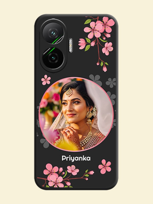 Round Image with Pink Color Floral Design on Photo On Space Black Custom Soft Matte Mobile Back Cover - Poco F7 5G