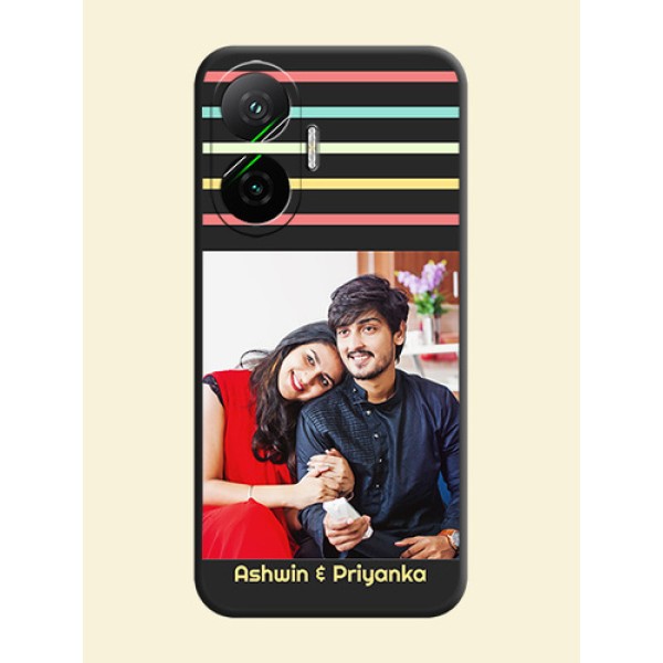 Color Stripes with Photo and Text on Photo On Space Black Custom Soft Matte Mobile Back Cover - Poco F7 5G Color Stripes with Photo and Text on Photo On Space Black Custom Soft Matte Mobile Back Cover - Poco F7 5G