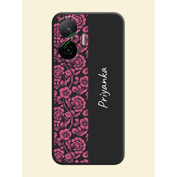 Pink Floral Pattern Design With Custom Text On Space Black Custom Soft Matte Mobile Back Cover - Poco F7 5G Pink Floral Pattern Design With Custom Text On Space Black Custom Soft Matte Mobile Back Cover - Poco F7 5G