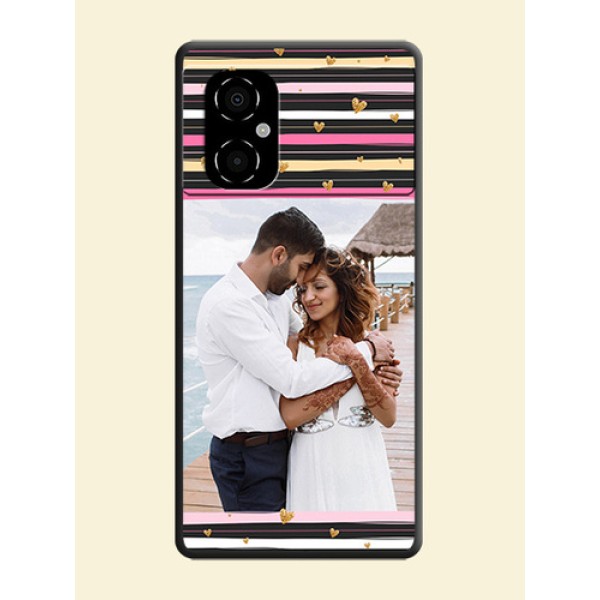Multicolor Lines and Golden Love Symbols Design on Photo on Space Black Soft Matte Mobile Cover - Poco M4 5G Multicolor Lines and Golden Love Symbols Design on Photo on Space Black Soft Matte Mobile Cover - Poco M4 5G