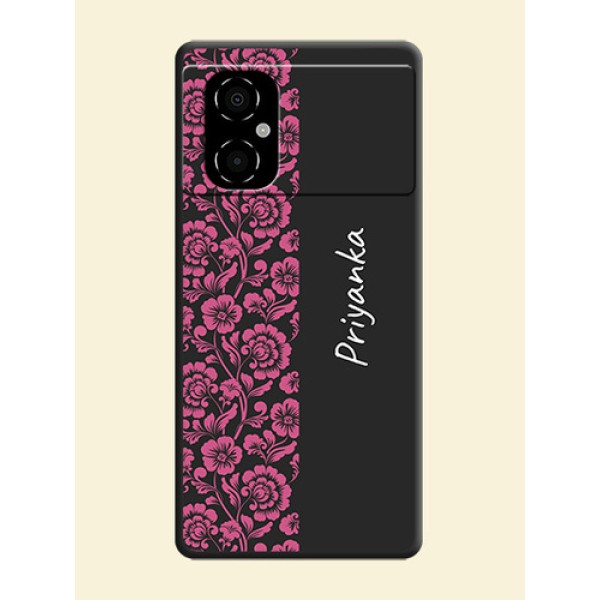 Pink Floral Pattern Design With Custom Text On Space Black Personalized Soft Matte Phone Covers -Poco M4 5G Pink Floral Pattern Design With Custom Text On Space Black Personalized Soft Matte Phone Covers -Poco M4 5G