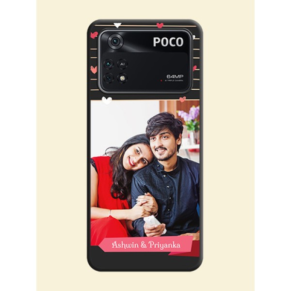 Love Pattern with Name on Pink Ribbon  on Photo on Space Black Soft Matte Back Cover - Poco M4 Pro 4G