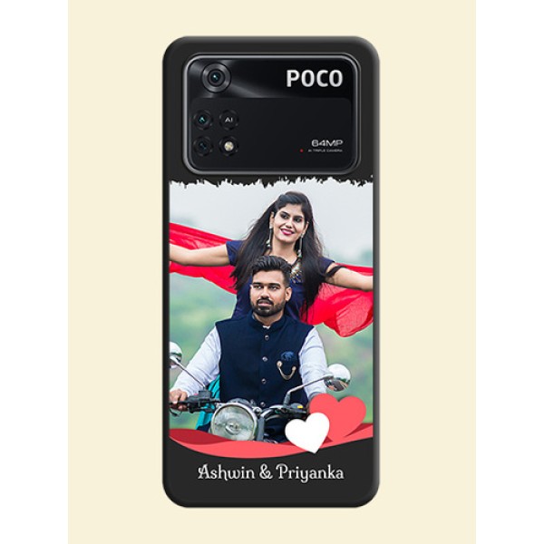 Pin Color Love Shaped Ribbon Design with Text on Space Black Custom Soft Matte Phone Back Cover - Poco M4 Pro 4G Pin Color Love Shaped Ribbon Design with Text on Space Black Custom Soft Matte Phone Back Cover - Poco M4 Pro 4G