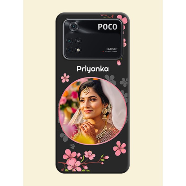Round Image with Pink Color Floral Design on Photo on Space Black Soft Matte Back Cover - Poco M4 Pro 4G