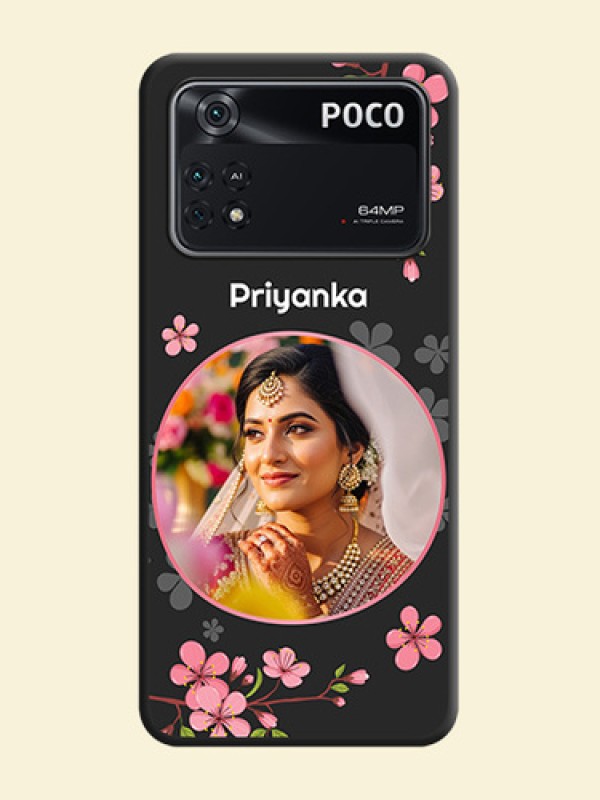 Round Image with Pink Color Floral Design on Photo on Space Black Soft Matte Back Cover - Poco M4 Pro 4G