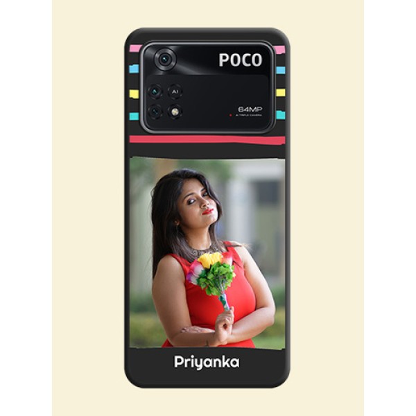Multicolor Lines with Image on Space Black Personalized Soft Matte Phone Covers - Poco M4 Pro 4G Multicolor Lines with Image on Space Black Personalized Soft Matte Phone Covers - Poco M4 Pro 4G