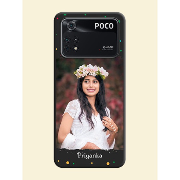 Multicolor Dotted Pattern with Text on Space Black Custom Soft Matte Phone Back Cover - Poco M4 Pro 4G Multicolor Dotted Pattern with Text on Space Black Custom Soft Matte Phone Back Cover - Poco M4 Pro 4G