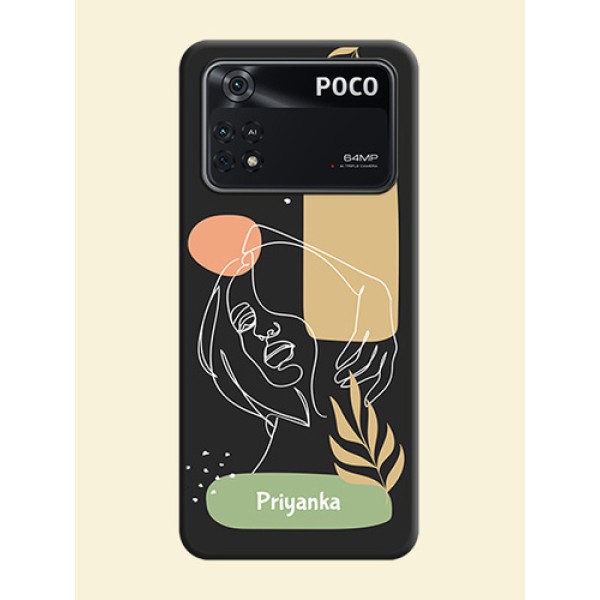 Custom Text With Line Art Of Women & Leaves Design On Space Black Personalized Soft Matte Phone Covers -Poco M4 Pro 4G Custom Text With Line Art Of Women & Leaves Design On Space Black Personalized Soft Matte Phone Covers -Poco M4 Pro 4G