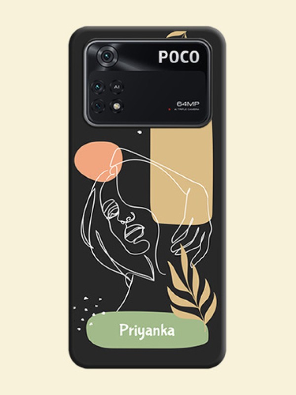 Custom Text With Line Art Of Women & Leaves Design On Space Black Personalized Soft Matte Phone Covers -Poco M4 Pro 4G