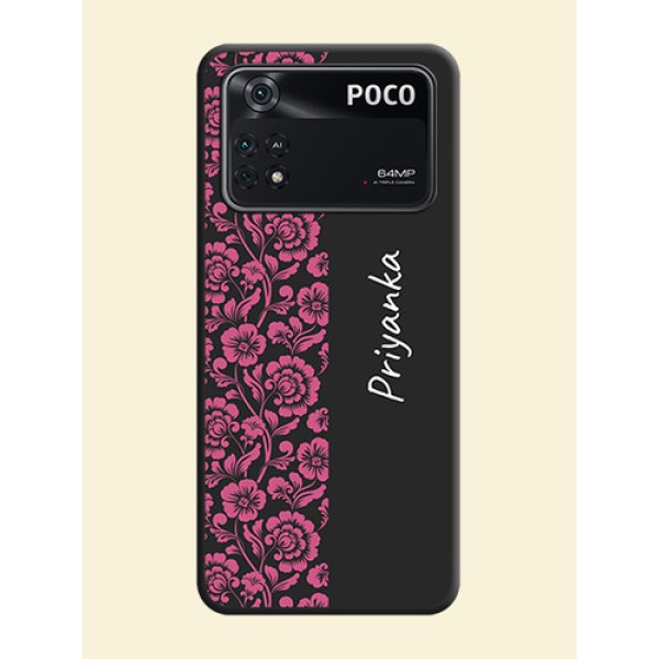 Pink Floral Pattern Design With Custom Text On Space Black Personalized Soft Matte Phone Covers -Poco M4 Pro 4G Pink Floral Pattern Design With Custom Text On Space Black Personalized Soft Matte Phone Covers -Poco M4 Pro 4G