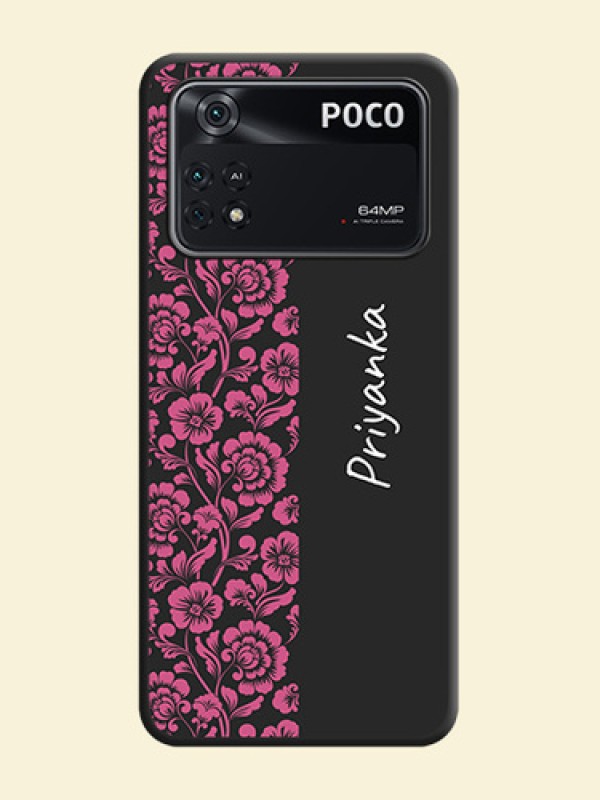 Pink Floral Pattern Design With Custom Text On Space Black Personalized Soft Matte Phone Covers -Poco M4 Pro 4G