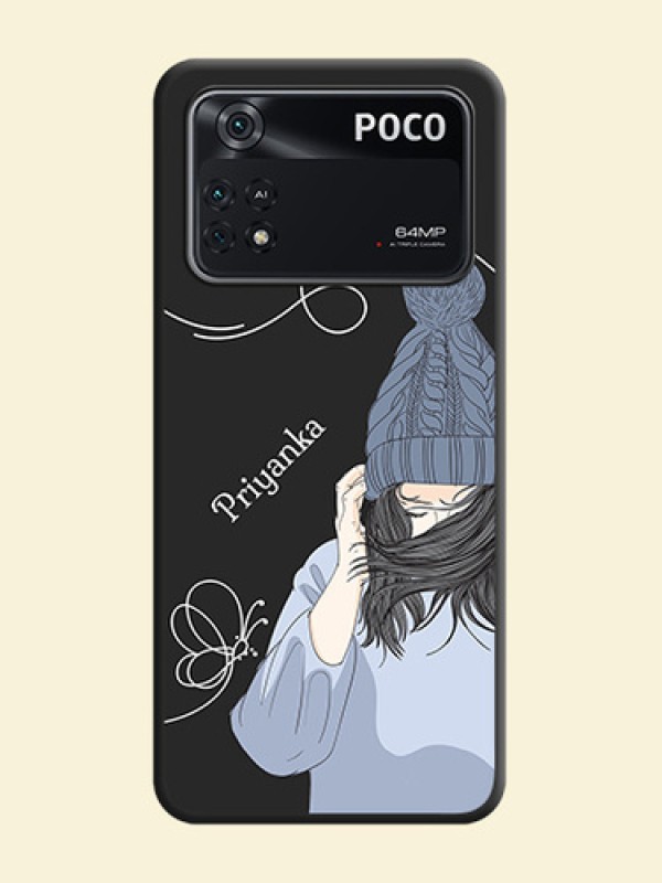 Girl With Blue Winter Outfiit Custom Text Design On Space Black Personalized Soft Matte Phone Covers -Poco M4 Pro 4G