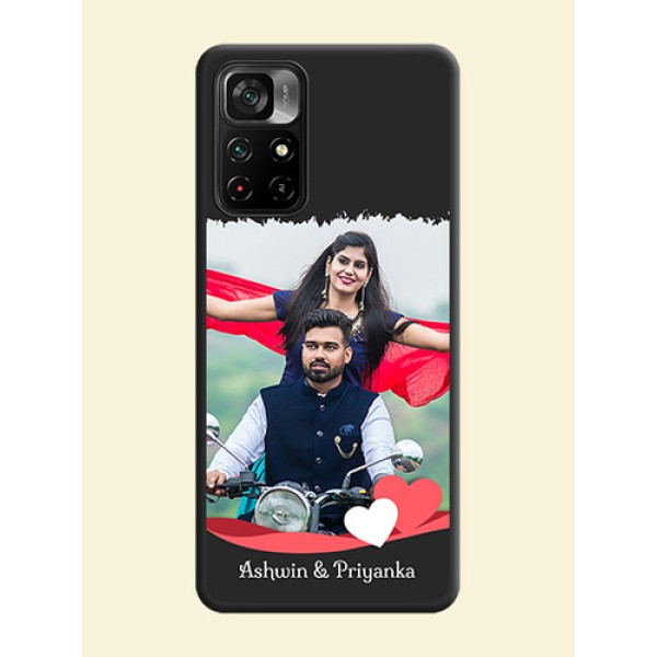 Pin Color Love Shaped Ribbon Design with Text on Space Black Custom Soft Matte Phone Back Cover - Poco M4 Pro 5G Pin Color Love Shaped Ribbon Design with Text on Space Black Custom Soft Matte Phone Back Cover - Poco M4 Pro 5G