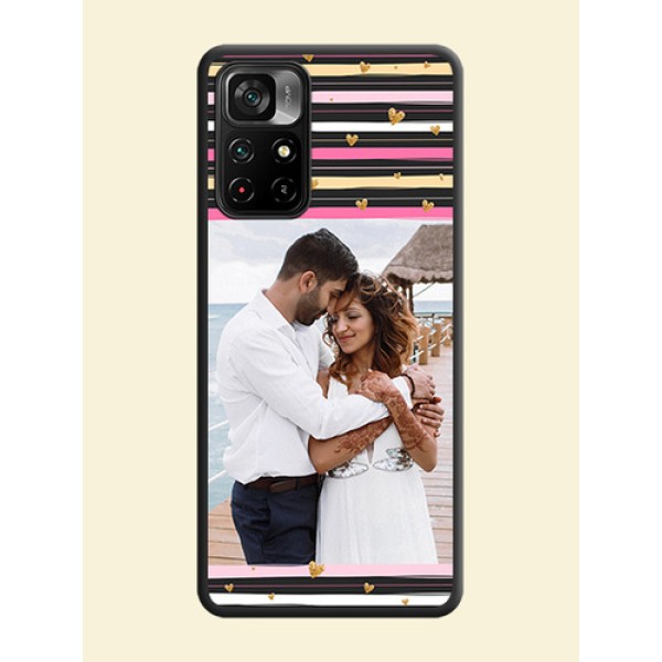 Multicolor Lines and Golden Love Symbols Design on Photo on Space Black Soft Matte Mobile Cover - Poco M4 Pro 5G Multicolor Lines and Golden Love Symbols Design on Photo on Space Black Soft Matte Mobile Cover - Poco M4 Pro 5G