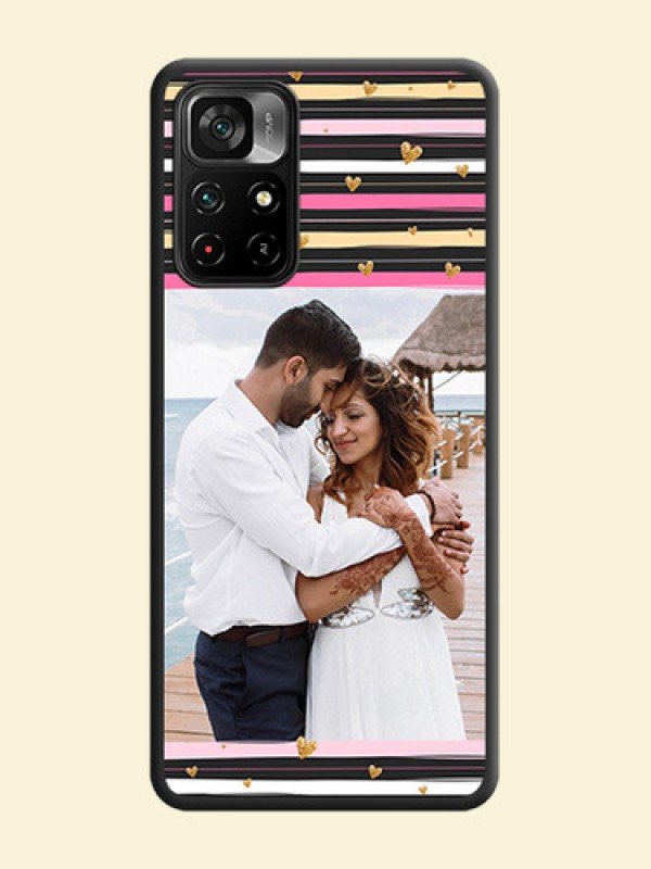 Multicolor Lines and Golden Love Symbols Design on Photo on Space Black Soft Matte Mobile Cover - Poco M4 Pro 5G
