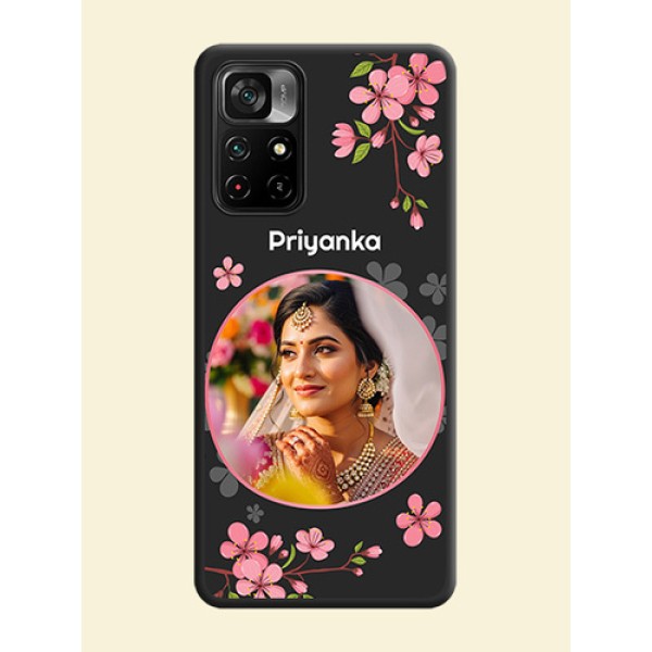 Round Image with Pink Color Floral Design on Photo on Space Black Soft Matte Back Cover - Poco M4 Pro 5G