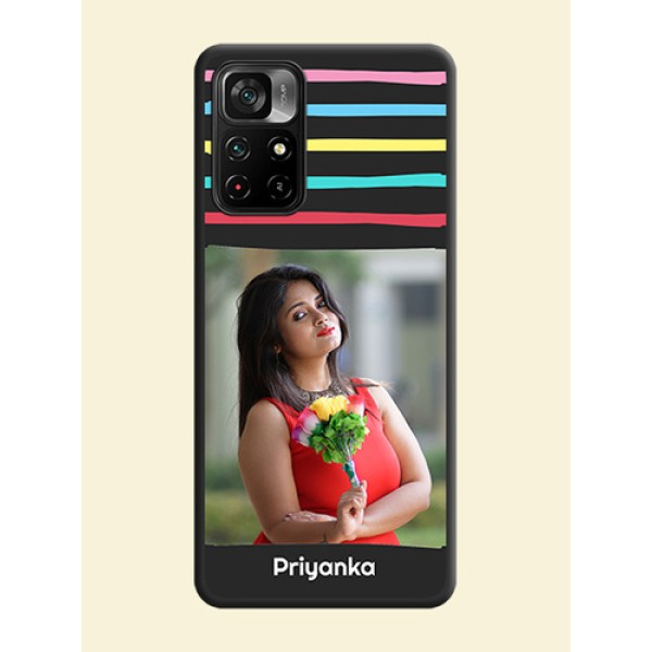 Multicolor Lines with Image on Space Black Personalized Soft Matte Phone Covers - Poco M4 Pro 5G Multicolor Lines with Image on Space Black Personalized Soft Matte Phone Covers - Poco M4 Pro 5G