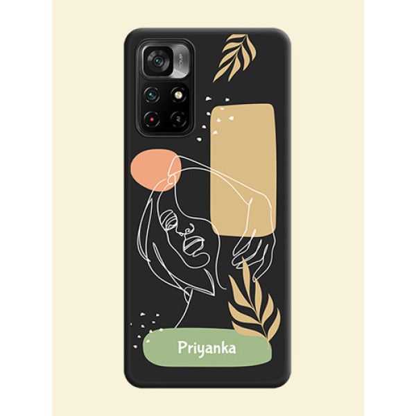 Custom Text With Line Art Of Women & Leaves Design On Space Black Personalized Soft Matte Phone Covers -Poco M4 Pro 5G Custom Text With Line Art Of Women & Leaves Design On Space Black Personalized Soft Matte Phone Covers -Poco M4 Pro 5G