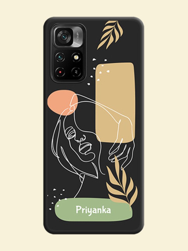 Custom Text With Line Art Of Women & Leaves Design On Space Black Personalized Soft Matte Phone Covers -Poco M4 Pro 5G