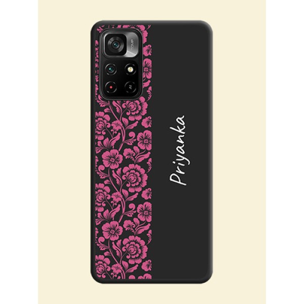 Pink Floral Pattern Design With Custom Text On Space Black Personalized Soft Matte Phone Covers -Poco M4 Pro 5G Pink Floral Pattern Design With Custom Text On Space Black Personalized Soft Matte Phone Covers -Poco M4 Pro 5G