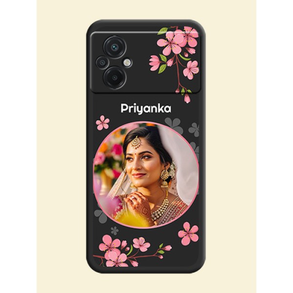 Round Image with Pink Color Floral Design on Photo on Space Black Soft Matte Back Cover - Poco M5