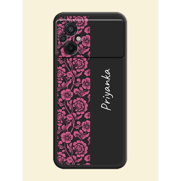 Pink Floral Pattern Design With Custom Text On Space Black Personalized Soft Matte Phone Covers -Poco M5 Pink Floral Pattern Design With Custom Text On Space Black Personalized Soft Matte Phone Covers -Poco M5