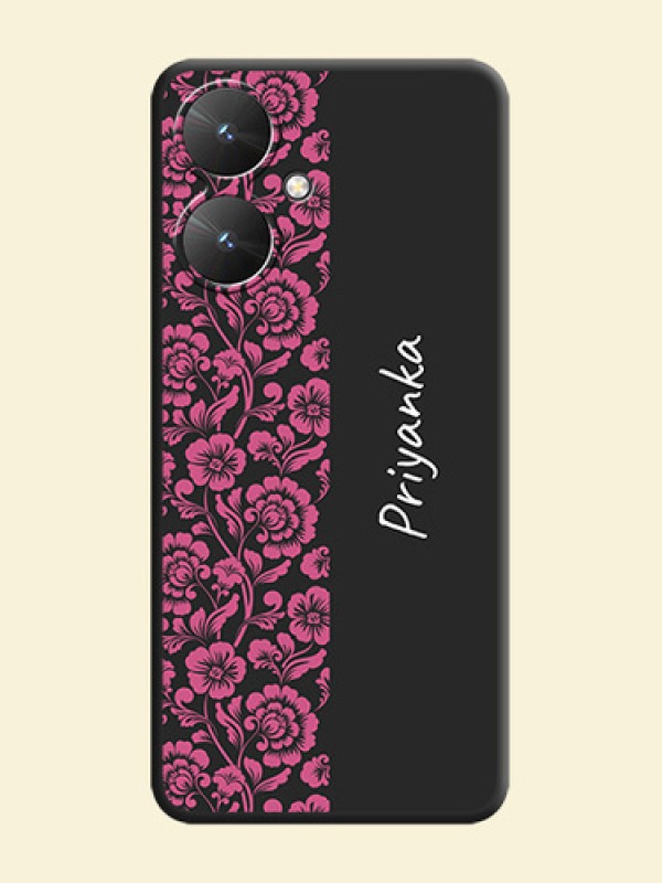 Pink Floral Pattern Design With Custom Text On Space Black Custom Soft Matte Mobile Back Cover - Poco M6 5G