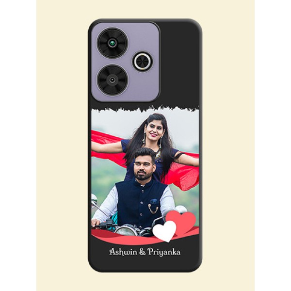 Pin Color Love Shaped Ribbon Design with Text On Space Black Custom Soft Matte Mobile Back Cover - Poco M6 Plus 5G Pin Color Love Shaped Ribbon Design with Text On Space Black Custom Soft Matte Mobile Back Cover - Poco M6 Plus 5G