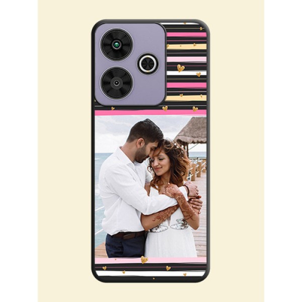 Multicolor Lines and Golden Love Symbols Design on Photo On Space Black Custom Soft Matte Mobile Back Cover - Poco M6 Plus 5G