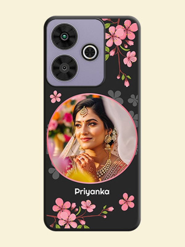 Round Image with Pink Color Floral Design on Photo On Space Black Custom Soft Matte Mobile Back Cover - Poco M6 Plus 5G