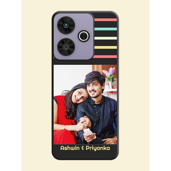 Color Stripes with Photo and Text on Photo On Space Black Custom Soft Matte Mobile Back Cover - Poco M6 Plus 5G Color Stripes with Photo and Text on Photo On Space Black Custom Soft Matte Mobile Back Cover - Poco M6 Plus 5G