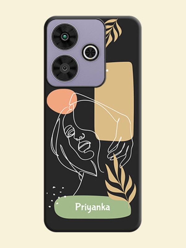 Custom Text With Line Art Of Women & Leaves Design On Space Black Custom Soft Matte Mobile Back Cover - Poco M6 Plus 5G