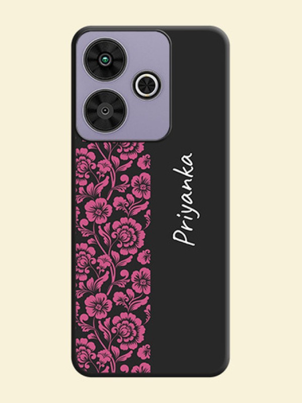Pink Floral Pattern Design With Custom Text On Space Black Custom Soft Matte Mobile Back Cover - Poco M6 Plus 5G