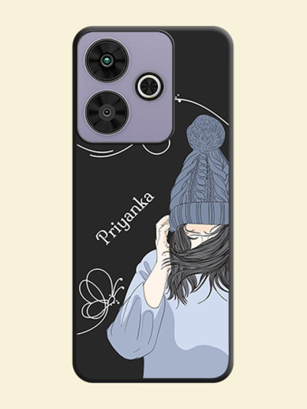 Girl With Blue Winter Outfiit Custom Text Design On Space Black Custom Soft Matte Mobile Back Cover - Poco M6 Plus 5G