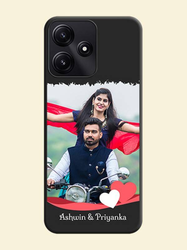 Pink Color Love Shaped Ribbon Design with Text on Space Black Custom Soft Matte Phone Back Cover - Poco M6 Pro 5G